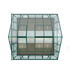A green-framed glass Rhino Greenhouse, viewed from above, shows two open roof vents, revealing a gravel base inside. The structure is set against a plain white background.