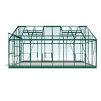 Rhino Greenhouse with green metal frame stands on a plain surface, featuring transparent glass panels and two ventilation windows, surrounded by a white background, suggesting a promotional display.
