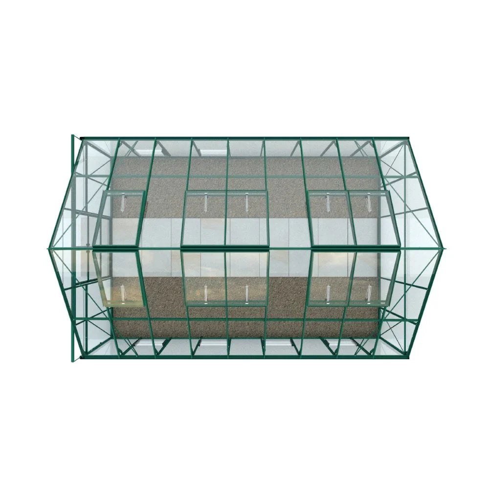 A rectangular Rhino Greenhouse with a green metal frame and transparent panels; viewed from above, revealing a gravel floor.