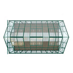Rhino Greenhouse structure with a green metal frame and transparent panels, viewed from above; it is situated against a plain white background, highlighting its geometric design.