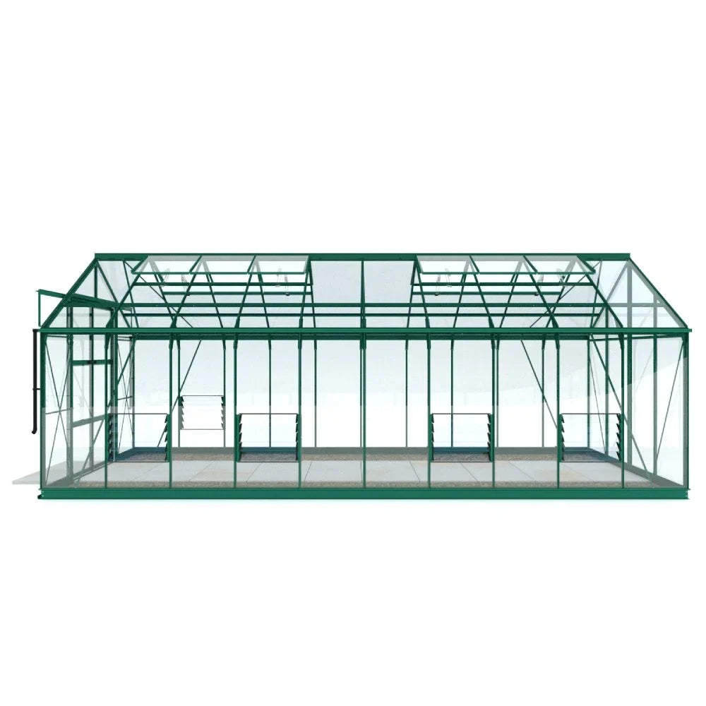 A green, rectangular Rhino Greenhouse with transparent panels stands on a light background. It has a gabled roof and sliding doors on the side, suitable for gardening use.