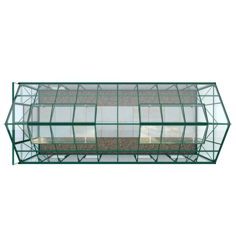 Rhino Greenhouse with a green metal frame and glass panels is viewed from above; inside, a gravel floor is visible. It is isolated on a plain white background.