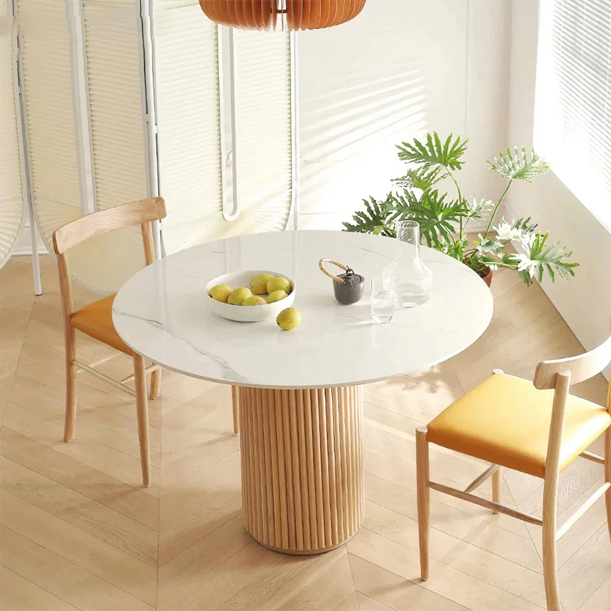 Nismaaya US Gabe Marble Top White Oak Round Dining Table