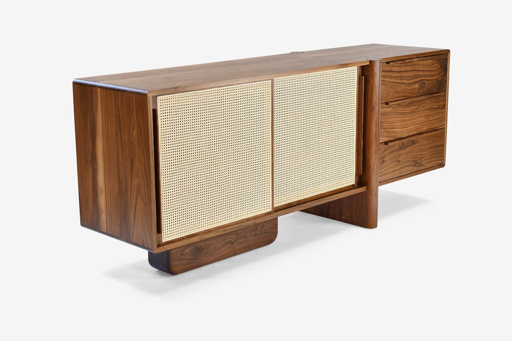 Solgaleo Walnut Wood Sideboard side profile highlighting legs and slim design