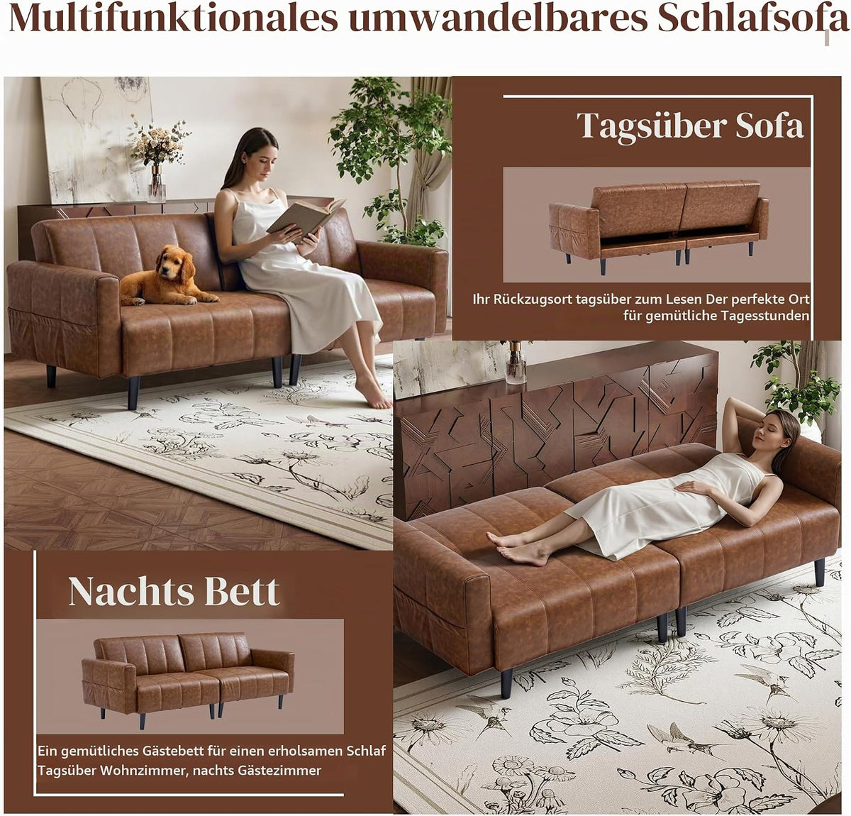 Modern leather sofa bed with storage