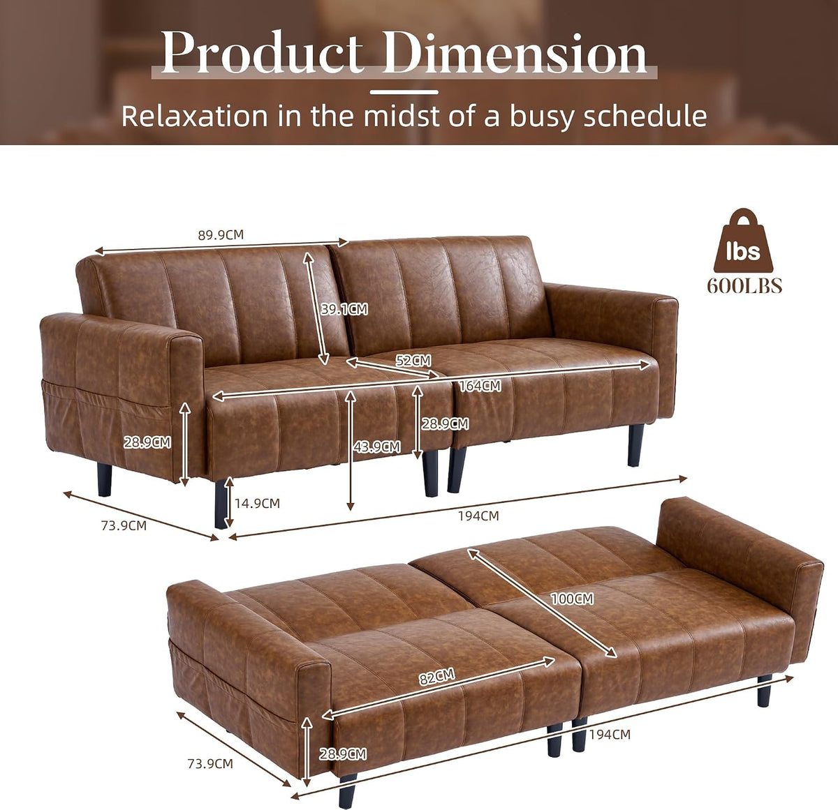 Modern leather sofa bed with storage