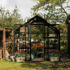 midnight slate greenhouse with a free-standing wooden unit inside