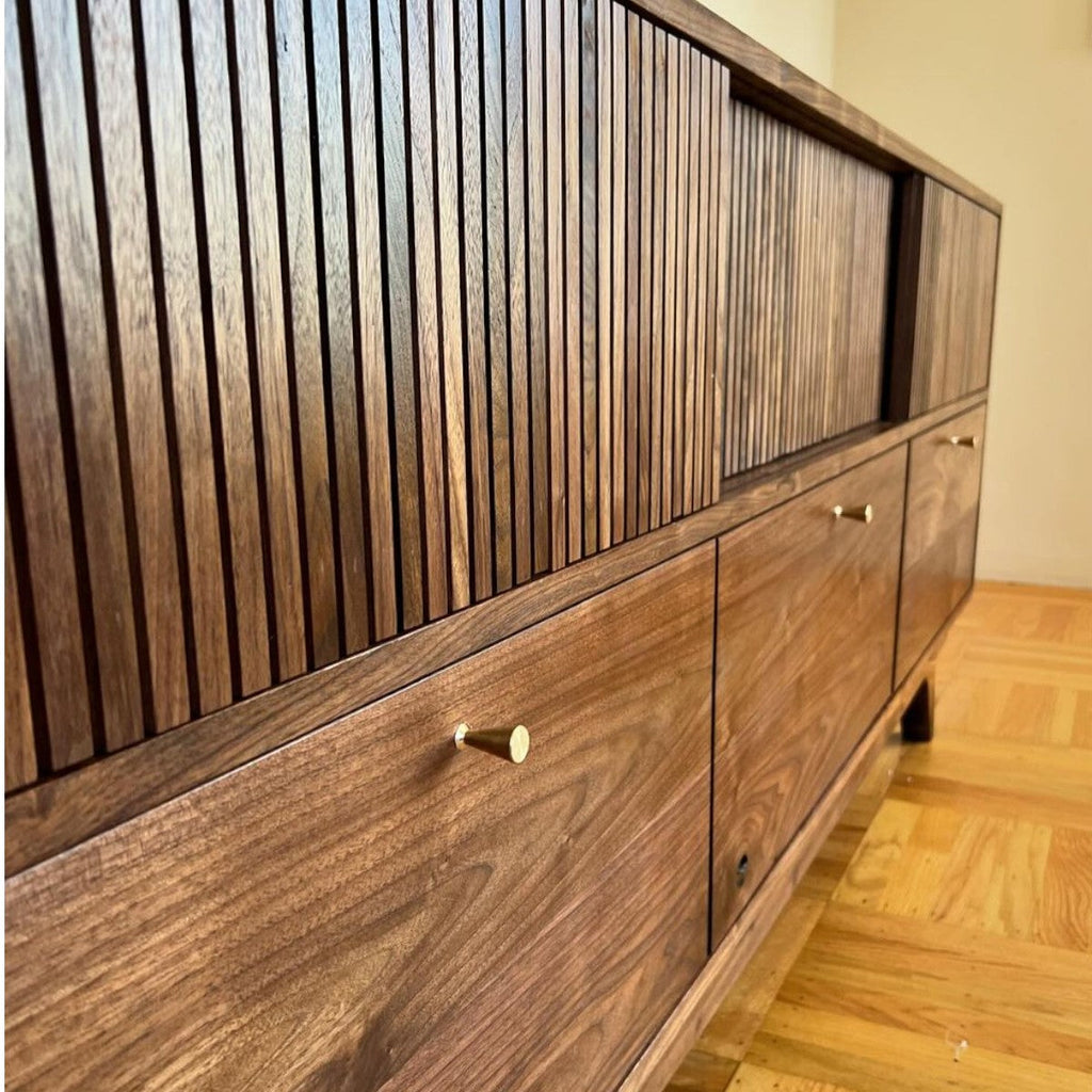Brevyn Walnut Wood Sideboard styled in a modern minimalist