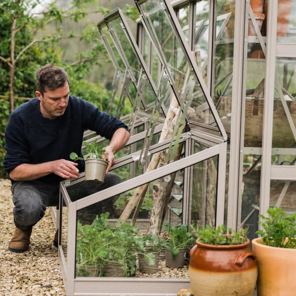A person kneels beside a Rhino Greenhouse, tending to potted plants. The Rhino Greenhouse has open side windows, and the ground is covered in gravel. Lush greenery surrounds the setting.