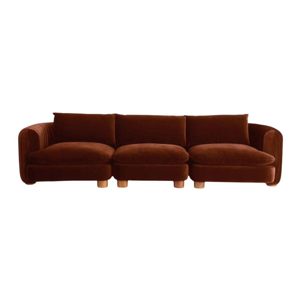 Eilis 3 Seater Sofa with Teak Wood Frame and Fabric Upholstery, ideal for living rooms.