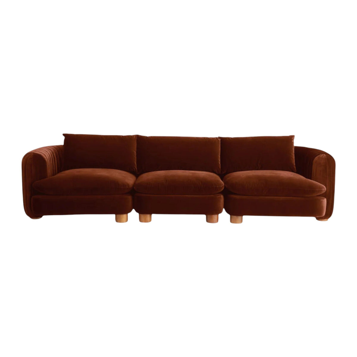 Eilis 3 Seater Sofa with Teak Wood Frame and Fabric Upholstery, ideal for living rooms.