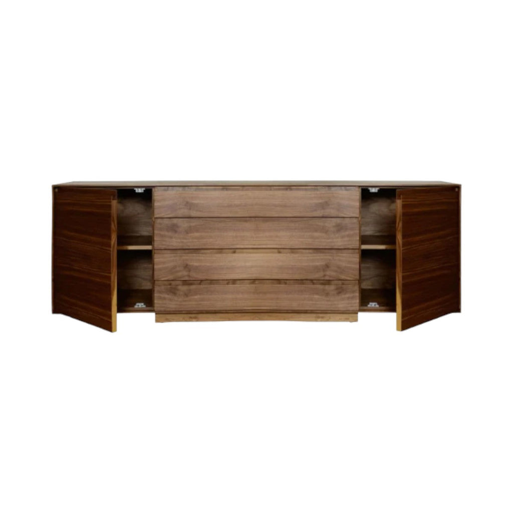 Mare Walnut Wood Sideboard featuring a symmetrical three-door walnut facade