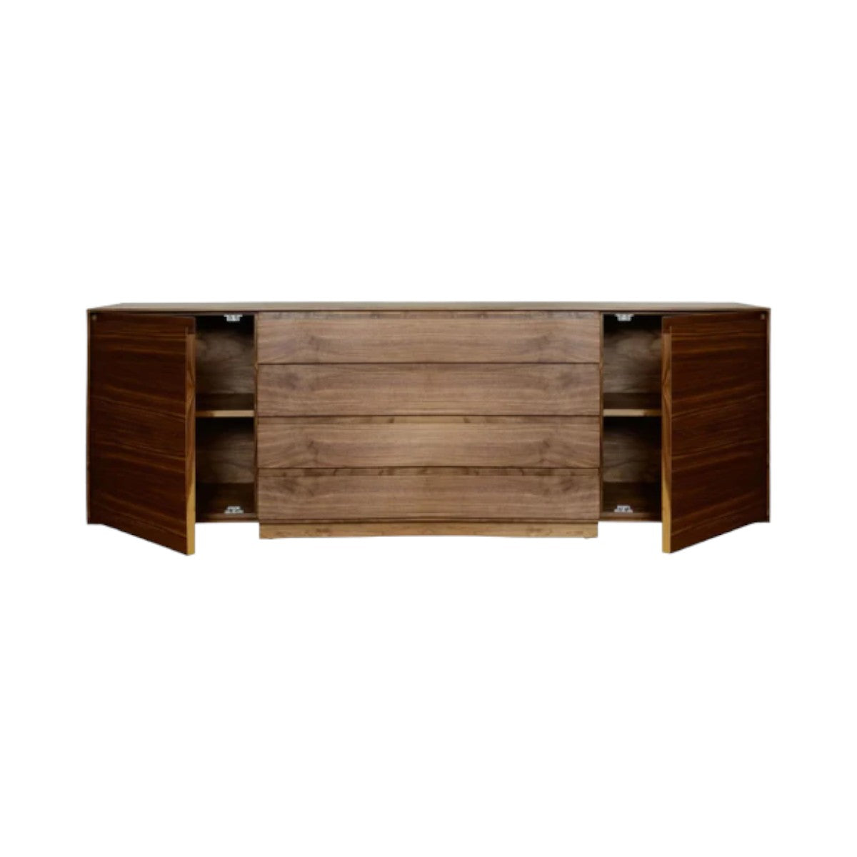 Mare Walnut Wood Sideboard featuring a symmetrical three-door walnut facade
