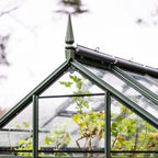 Rhino Greenhouse roof with a pointed finial, supports green plants visible through glass panels, set against a blurred white and green outdoor background.