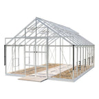 A white Rhino Greenhouse stands with sliding doors open, showcasing a structured metal frame and transparent panels on a plain background, indicating a spacious, controlled environment for gardening.