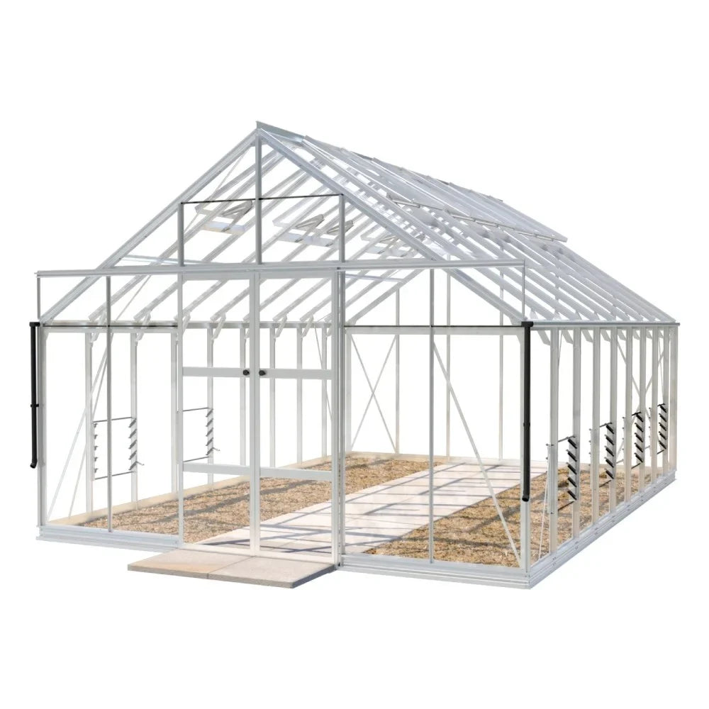 A white Rhino Greenhouse stands with sliding doors open, showcasing a structured metal frame and transparent panels on a plain background, indicating a spacious, controlled environment for gardening.