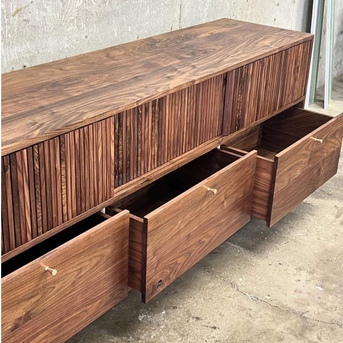Brevyn Walnut Wood Sideboard open doors shelves
