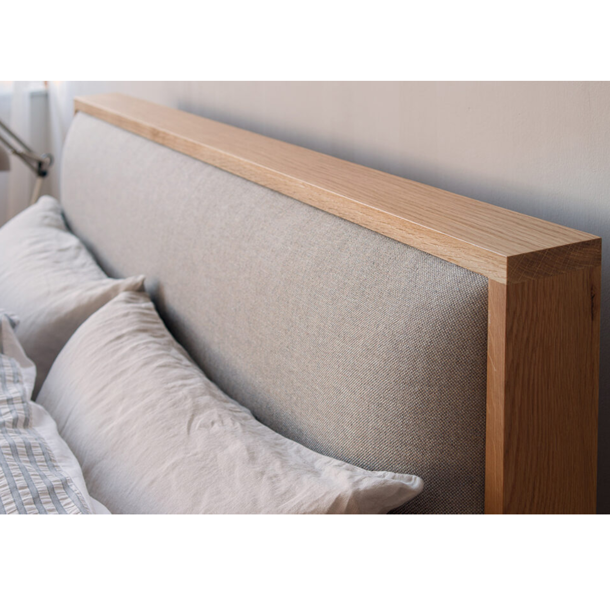 Brie Oak Wood Bed in bedroom