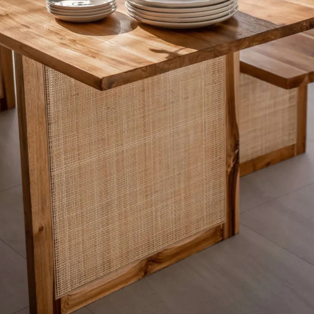 Modern rustic teak wood dining table with handcrafted rattan design
