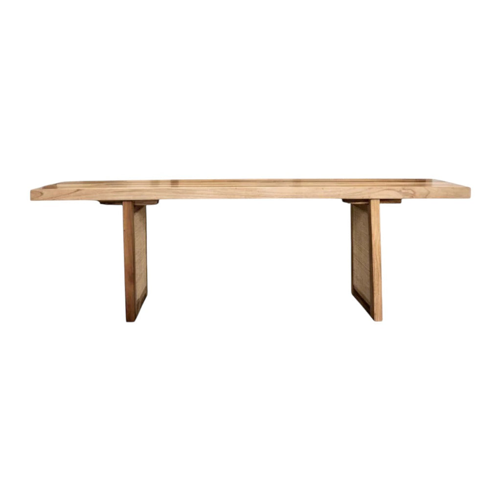 Modern rustic teak wood dining table with handcrafted rattan design