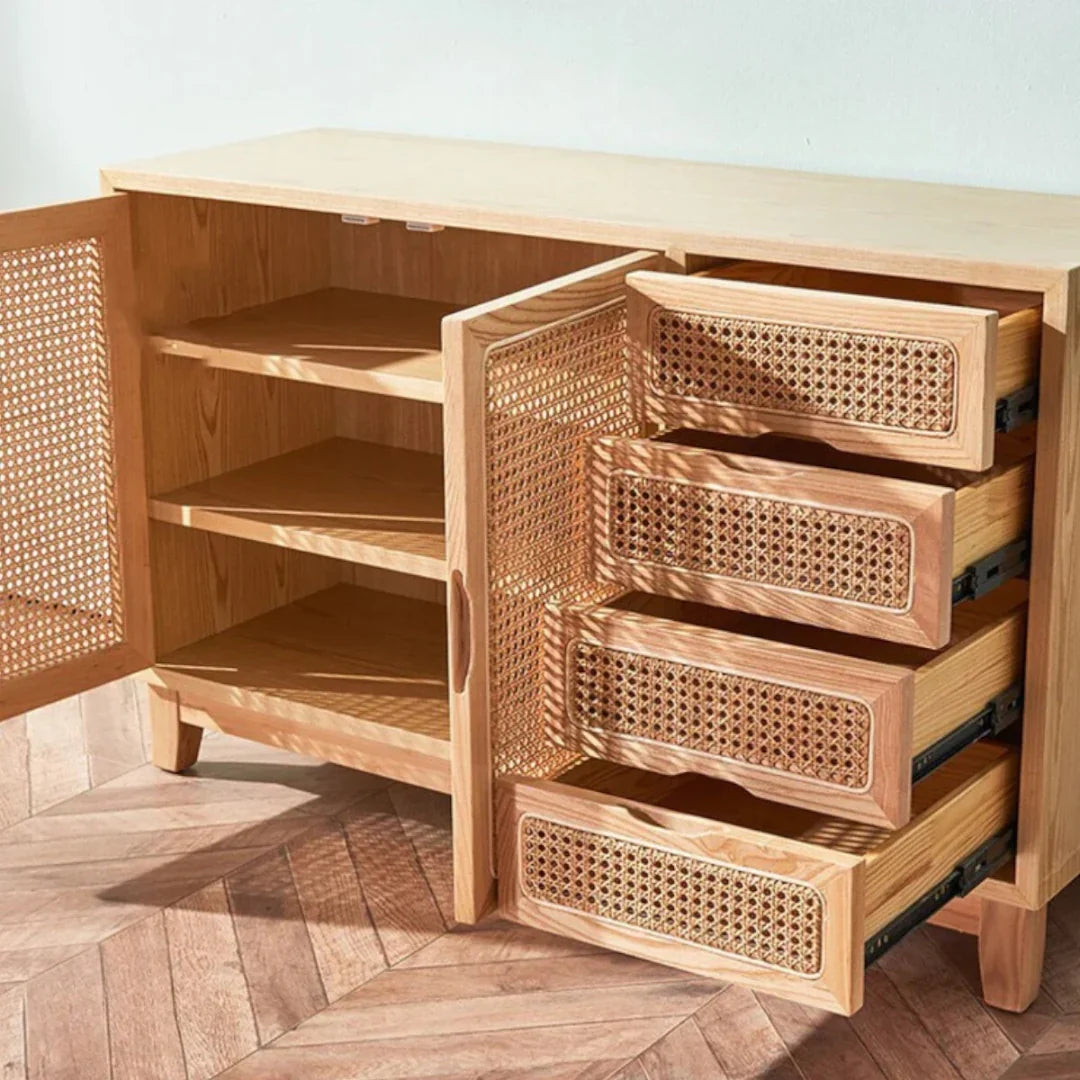 Dean Ash Wood & Rattan Sideboard interior shelf storage