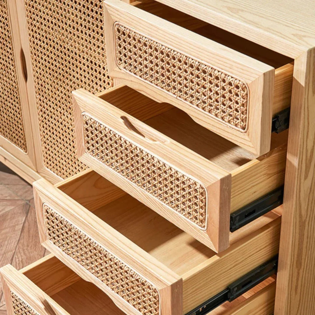Dean Ash Wood & Rattan Sideboard drawer close up