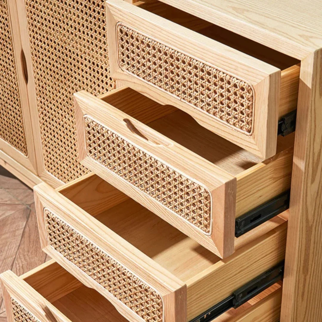 Dean Ash Wood & Rattan Sideboard drawer close up