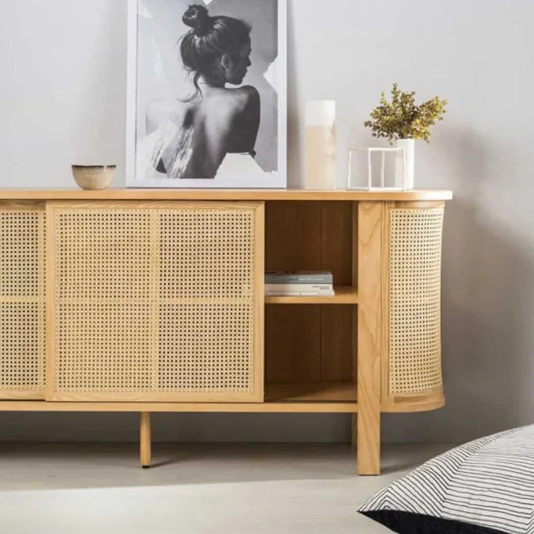 Edric Ash Wood & Rattan Sideboard angled view
