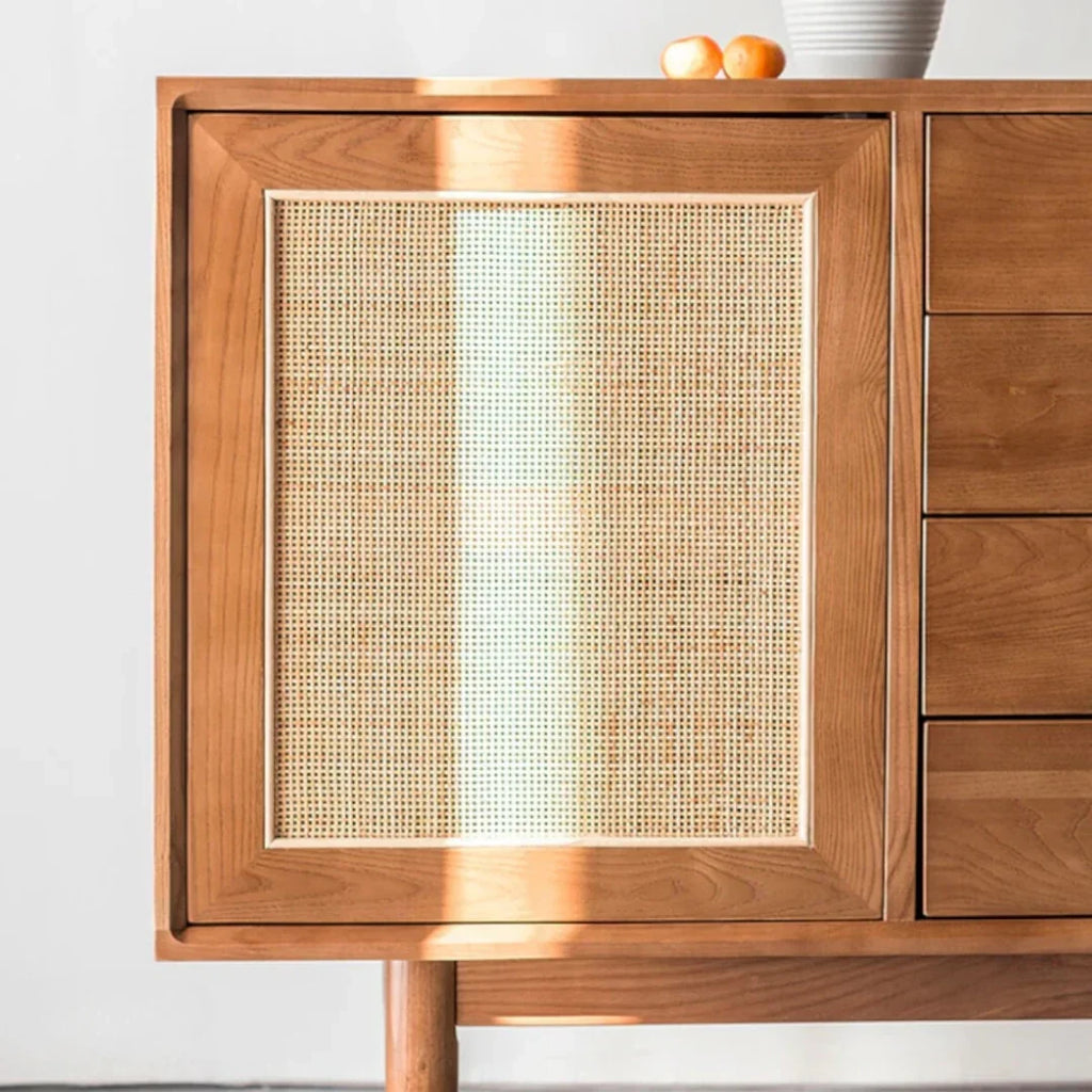 Edwin Ash Wood & Rattan Sideboard drawer close up