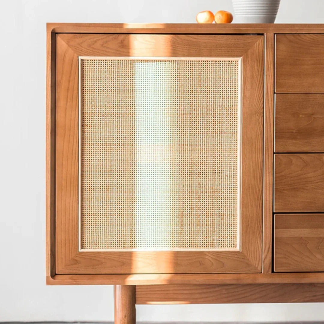Edwin Ash Wood & Rattan Sideboard drawer close up