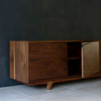 Elana Walnut Wood Sideboard open doors showing adjustable storage shelves