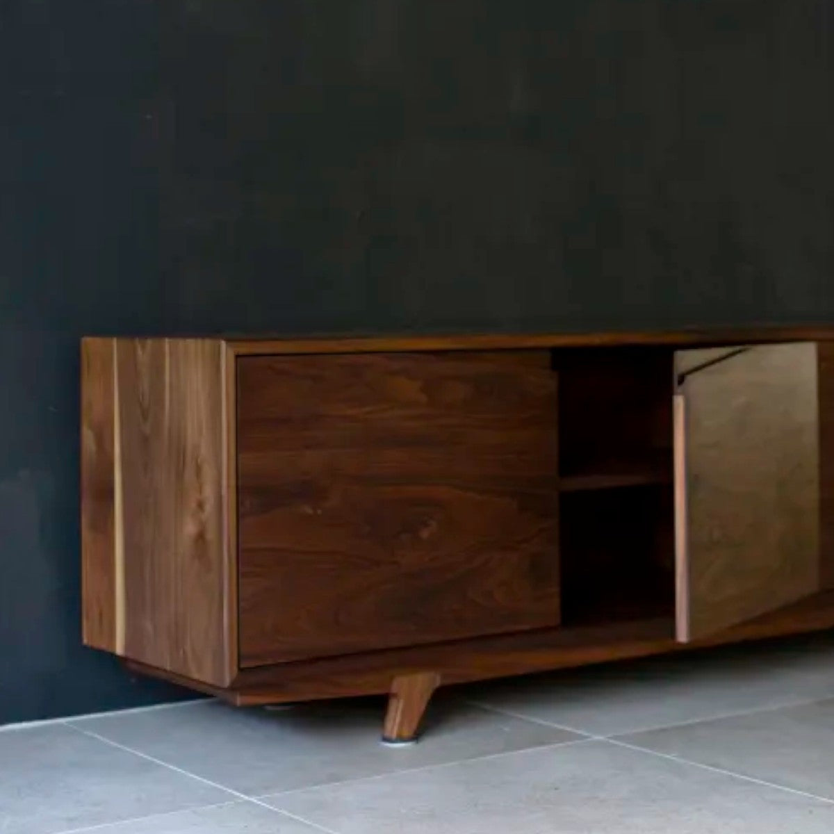 Elana Walnut Wood Sideboard open doors showing adjustable storage shelves