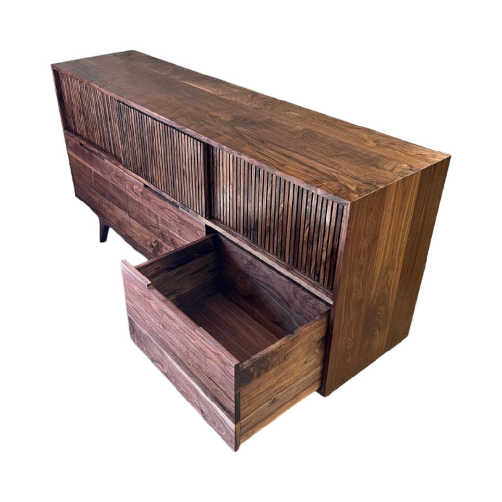 Fabiano Walnut Wood Sideboard open doors showing shelves