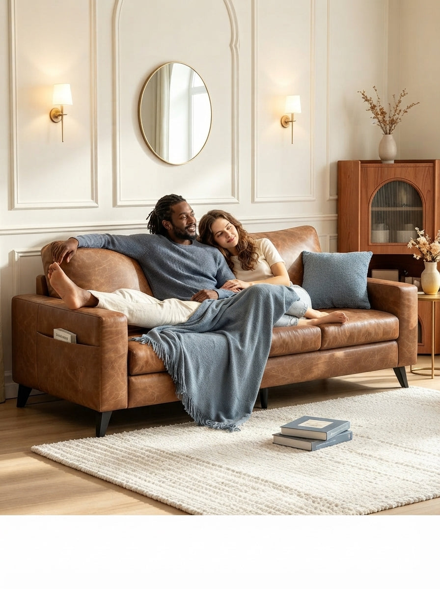 A diverse couple relaxing on a comfortable 3-seater faux leather sofa in a bright, modern living room.