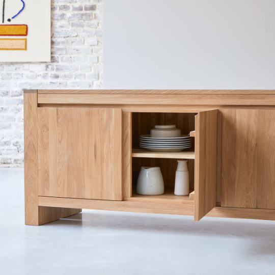 Halen Oak Wood Sideboard open doors showing interior storage