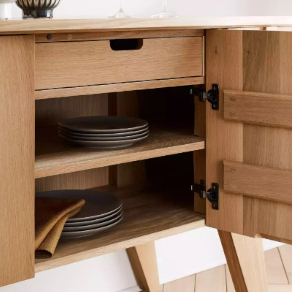 Halia Oak Wood Sideboard with open doors showing interior shelves