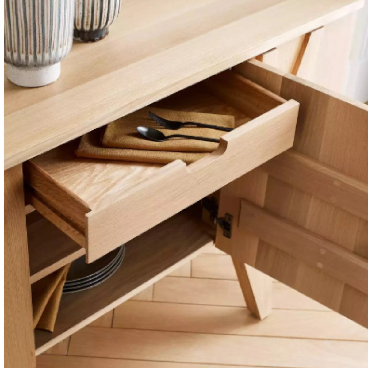 Halia Oak Wood Sideboard featuring a mix of open and closed storage