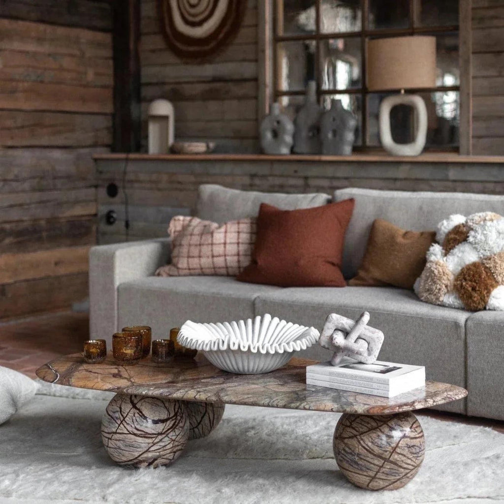 Hallmar Rainforest Brown Marble Coffee Table in modern living room