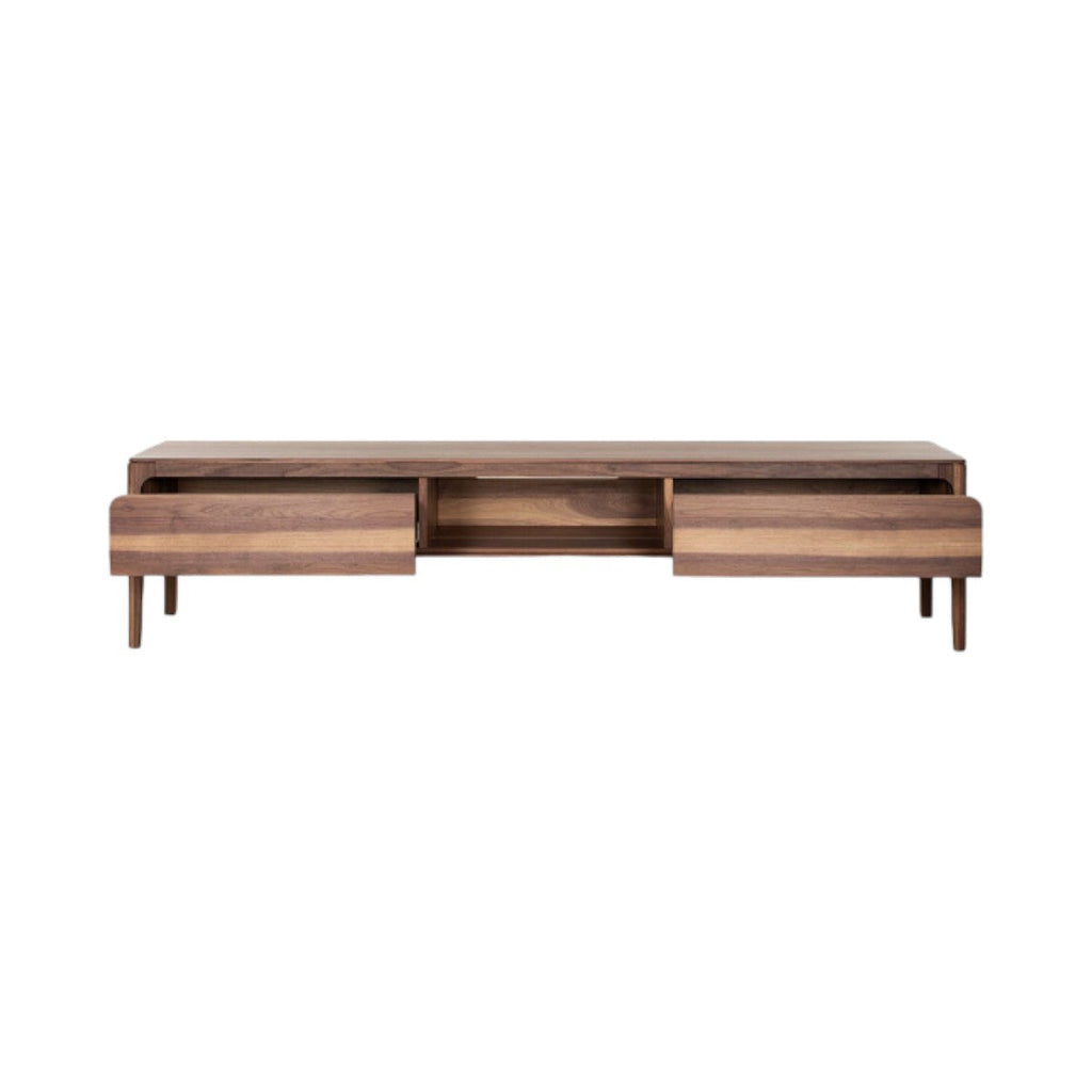 Mac Walnut Wood Sideboard with open doors showing interior shelves