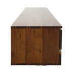Angled view of low-profile oak wood storage credenza