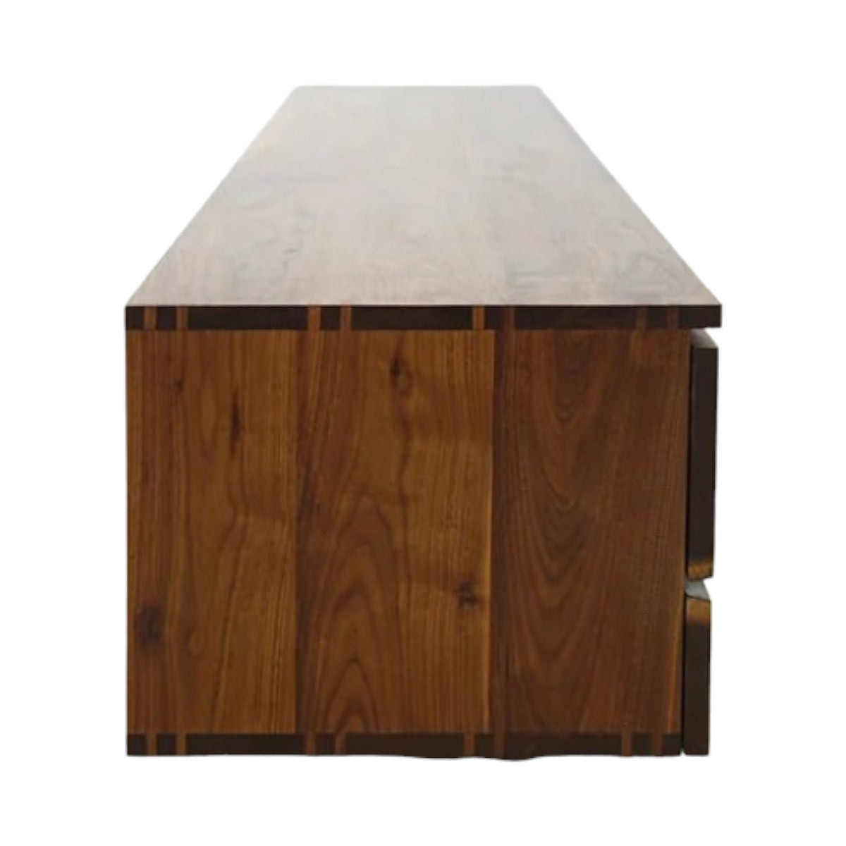 Angled view of low-profile oak wood storage credenza