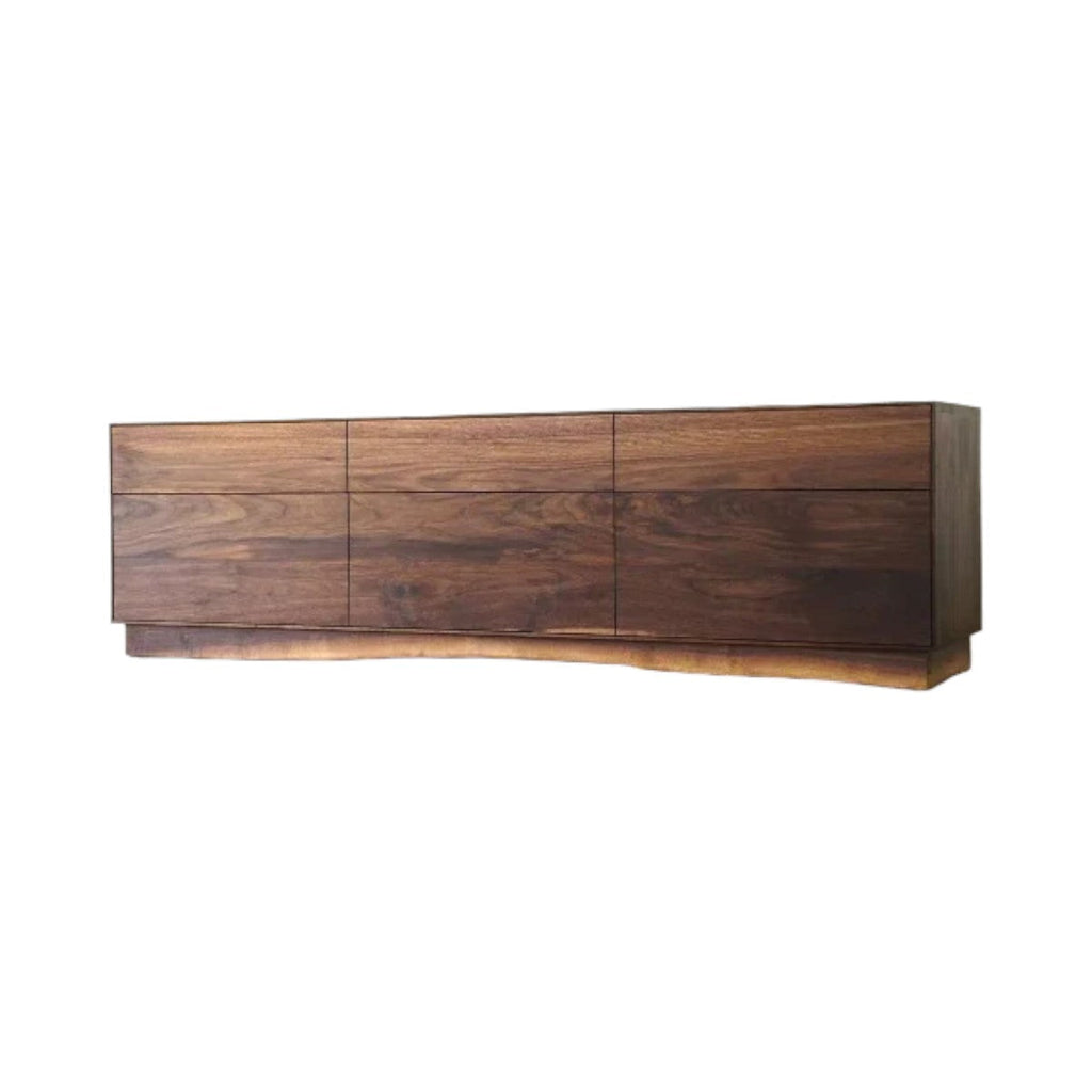 Maceo walnut wood sideboard cabinet front view.