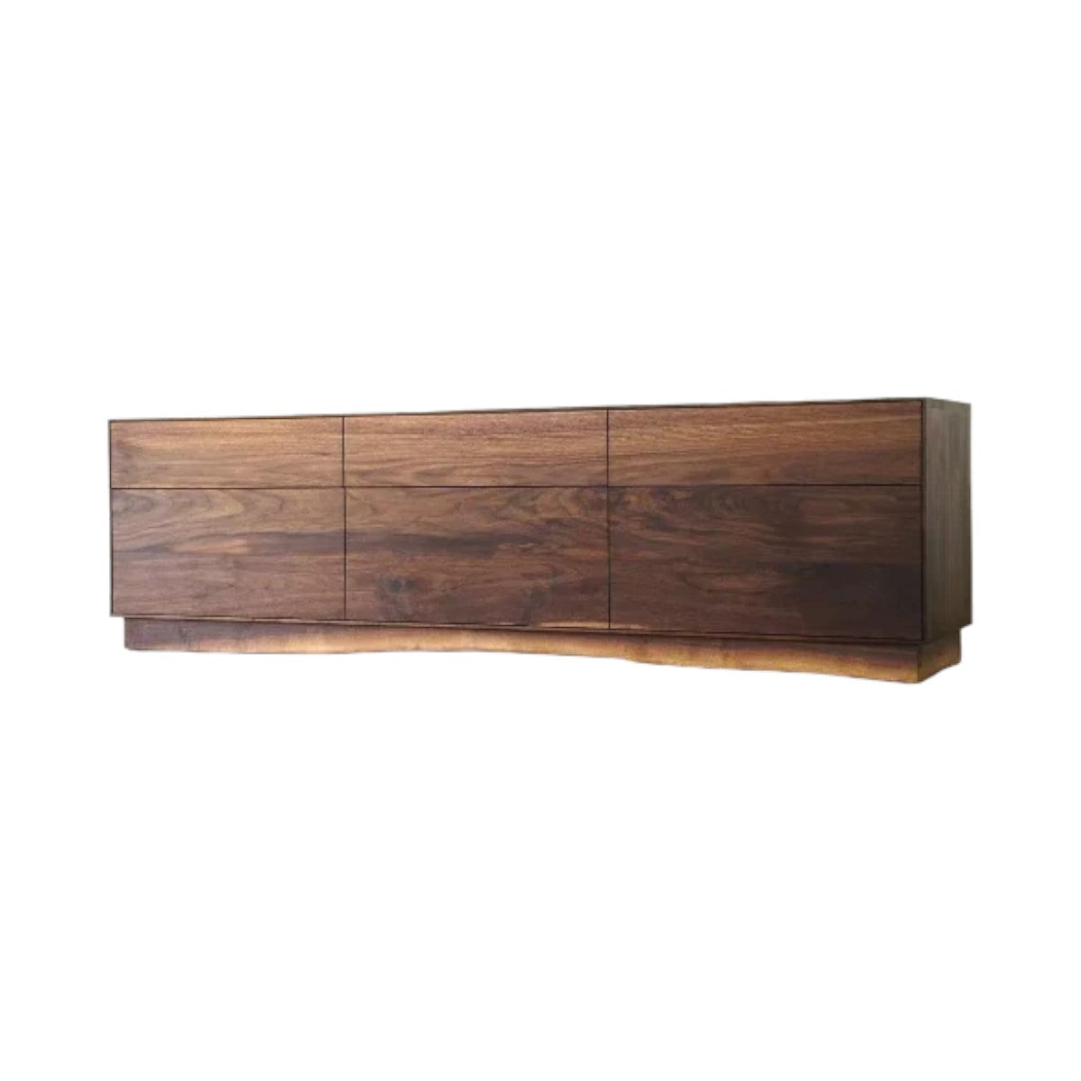 Maceo walnut wood sideboard cabinet front view.