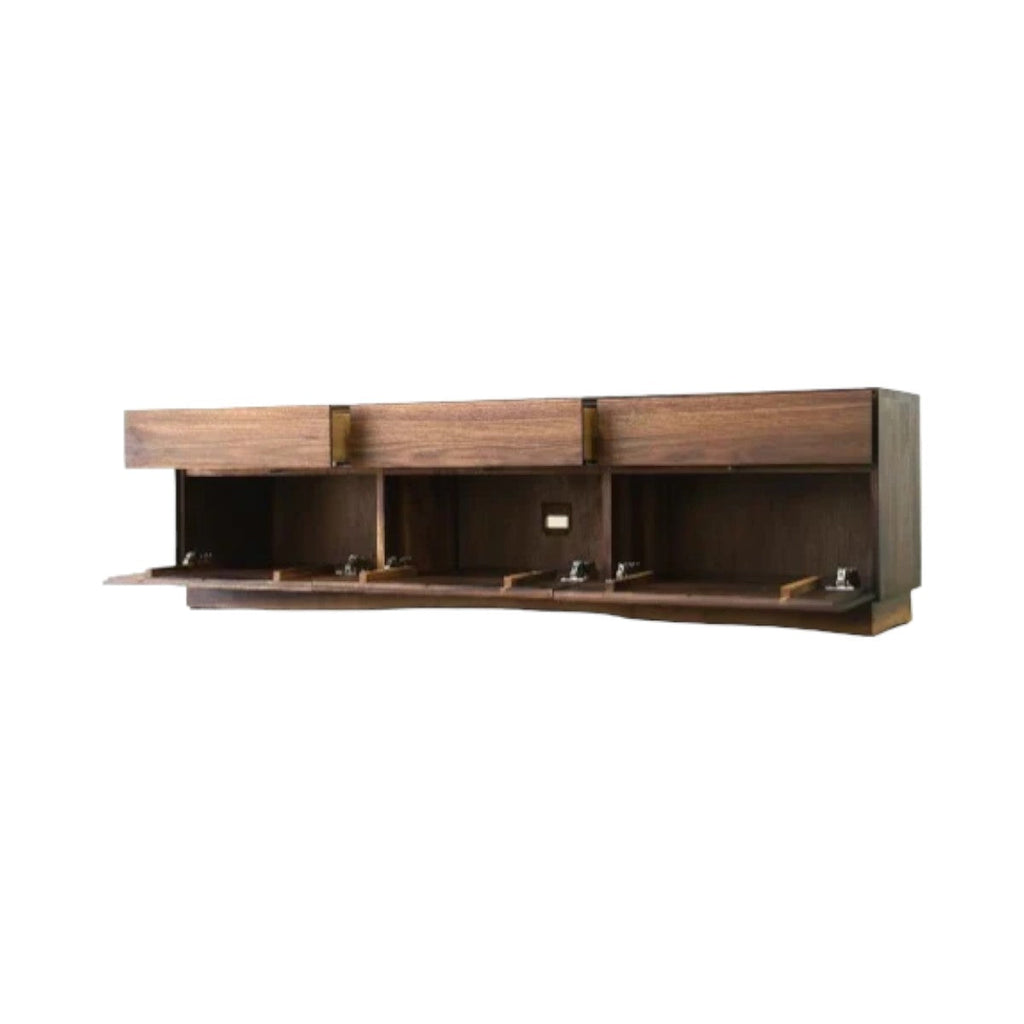 Maceo walnut sideboard with open doors and drawers.