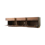 Maceo walnut sideboard with open doors and drawers.