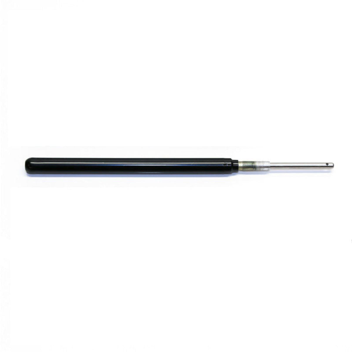 A black cylinder with a metal rod protruding from one end, lying horizontally against a plain white background.